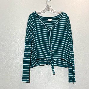 Good Luck Gem Button Thermal Tie Front Stripe Top